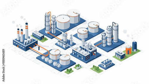 Industrial Factory Complex with Storage Tanks and Smokestacks.