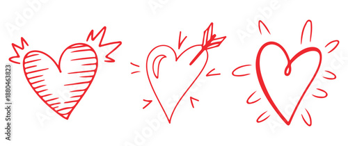 Hand Drawn Red Heart Set with Arrow and Glowing Lines for Love and Romance