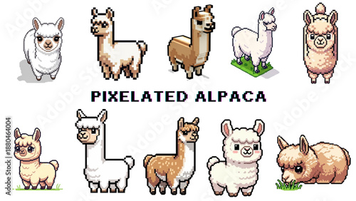 A delightful assortment of charming pixel art alpaca sprites, featuring a diverse collection of cute and woolly creatures in various poses, ideal for game development and digital art projects