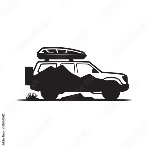 Overlanding SUV Silhouette with Roof Box and Mountain Graphic Illustration
