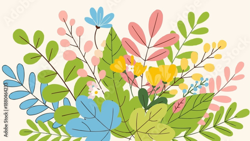 Colorful Spring Floral Arrangement with Various Leaves and Blossoms.