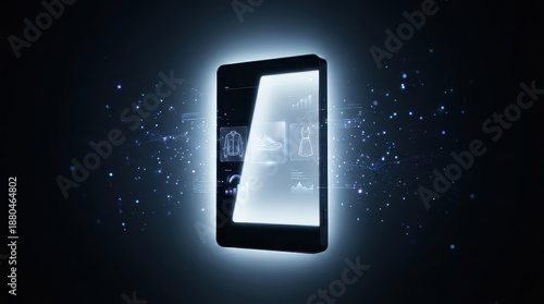 Futuristic digital tablet with e-commerce interface in space
