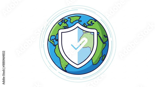 Global protection concept with shield and checkmark on earth symbolizing security and safety worldwide digital illustration