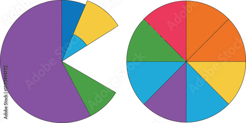 Two distinct pie charts display data, with one segment highlighted as if popping out