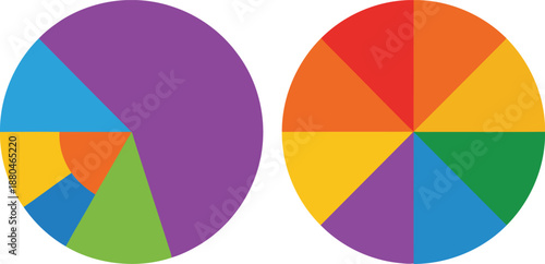 Two large colorful pie charts presenting distinct data distributions and statistical segments