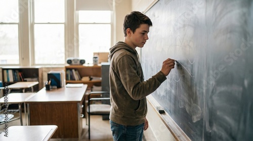 Teen boy writing on chalkboard in classroom, student using chalk on blackboard during lesson