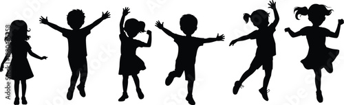 Vector silhouettes of happy children jumping and dancing with joy for school play education and childhood celebration concepts isolated on white