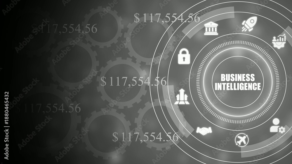 Fototapeta premium Business intelligence concept with gears and financial data dollar signs lock