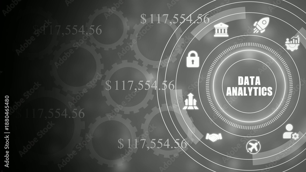 Obraz premium Data analytics concept with gears and on gray background financial data $117