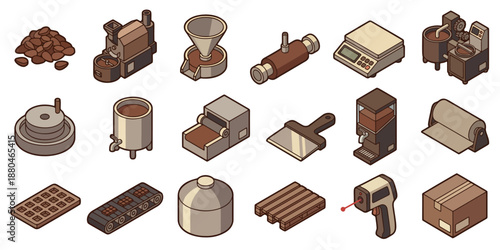 Isometric Flat Chocolate Factory Packaging and Processing Equipment Vector Set