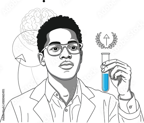 Young African american scientist looking thoughtfully while holding a glowing test tube symbolizing medical research breakthrough and cognitive advancement in the laboratory setting.