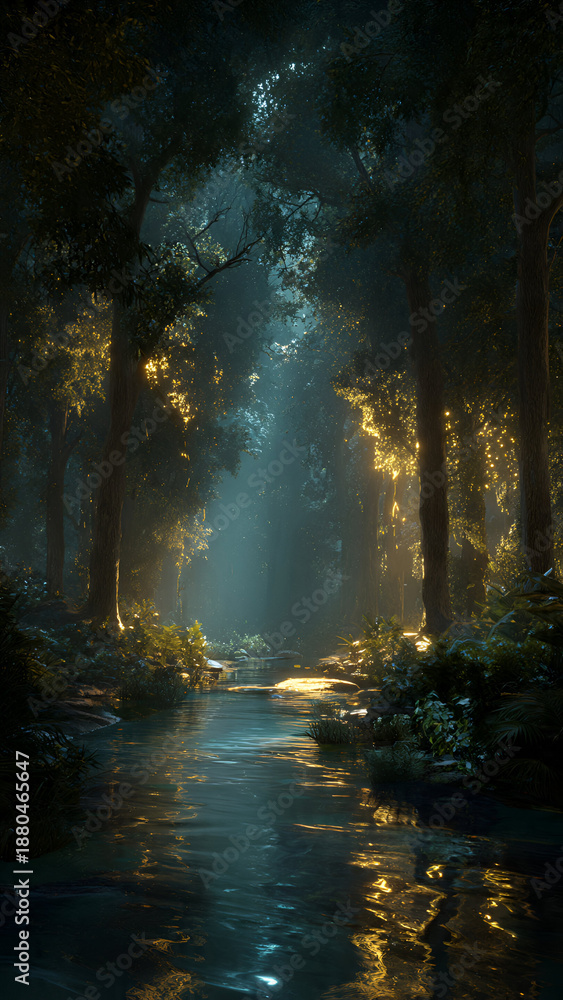 Obraz premium enchanted bioluminescent forest at night with glowing lights reflecting in a mystical river stream