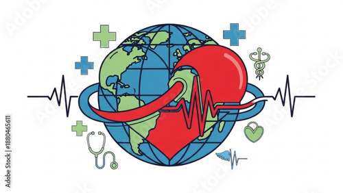 Global healthcare concept with heart and earth surrounded by medical symbols and ecg line on white background