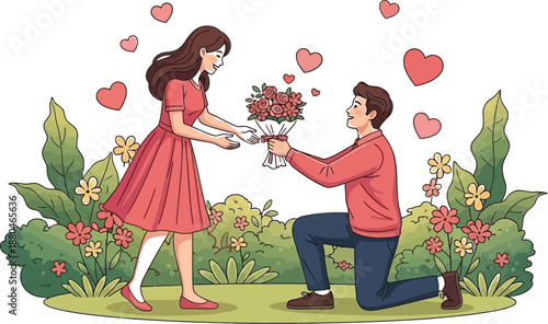 Romantic illustration depicting a young man kneeling down in a garden setting presenting a beautiful bouquet of roses to his happy smiling girlfriend