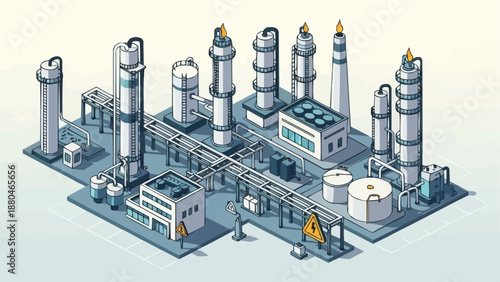 Industrial Chemical Plant Complex with Towers and Pipes.