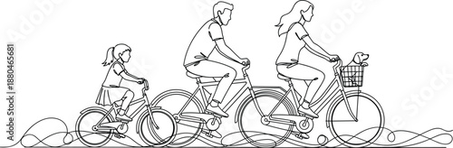 Happy family with father mother and daughter riding bicycles together with a small dog in a continuous line art style