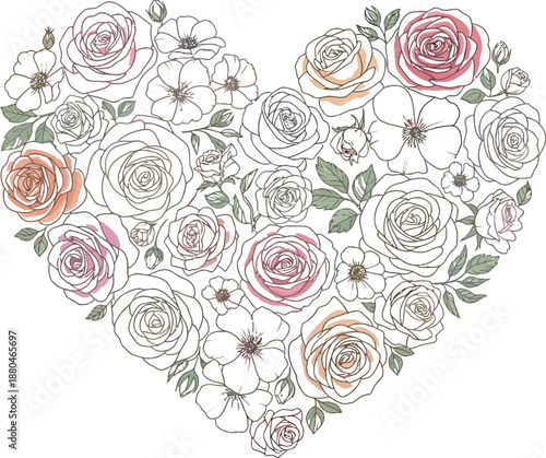 Delicate watercolor illustration featuring a beautiful heart shape entirely composed of various pastel colored roses and small blossoms perfect for romantic designs.