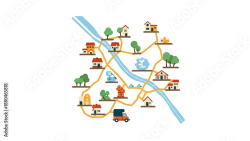 Colorful illustrated map with houses trees and roads crossing a river transportation and travel concept