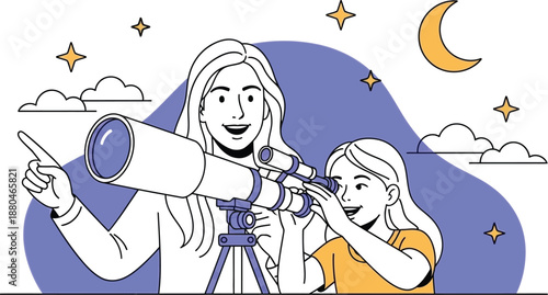 Enthusiastic mother and daughter sharing a moment of discovery while looking through a telescope at the night sky featuring the moon and stars