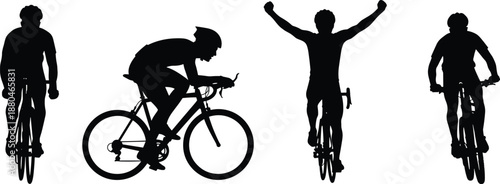 Set of black professional cyclist silhouettes riding bicycles and celebrating victory for sports competition and fitness concept
