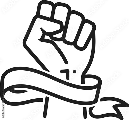 Black and white simple line art icon depicting a clenched raised fist wrapped with a celebratory banner symbolizing power protest and victory
