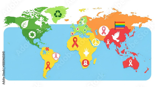 World map with colorful continents and symbolic awareness ribbons for health and environment on blue background