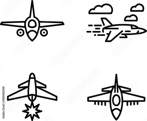 Four Black and White Airplane with Different Actions