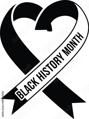 Black history month awareness ribbon shaped like a heart symbolizing love and remembrance for cultural heritage and legacy in monochrome design.