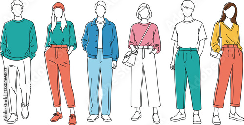 Modern set of young diverse people wearing stylish casual colorful clothes in a minimalist hand drawn vector style