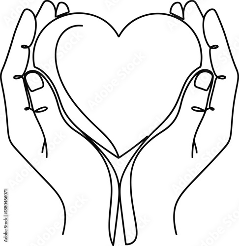 Minimalist continuous line art drawing depicting cupped hands gently cradling a perfectly shaped heart symbol representing deep care and affection