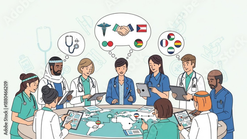 Diverse medical team collaborating on global health project with laptops and world map