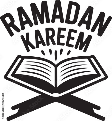 Open Holy Quran Book on a Rehal Stand with Light Rays and Ramadan Kareem Text, Islamic Religious Vector