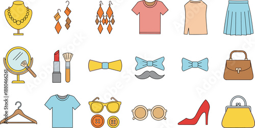Large collection of colorful fashion and beauty icons featuring jewelry makeup clothing accessories and grooming items in flat line style