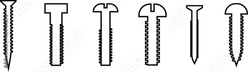Self Tapping Screw Black Line Style Vector Icon Set, Fastener Hardware Symbol Collection and Construction Outline Graphic Group Featuring Screw, Bolt and Fixing Equipment