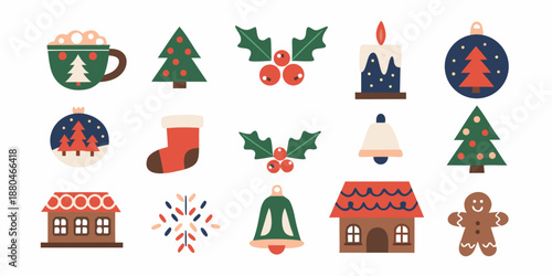 christmas icons set including tree stocking and gingerbread