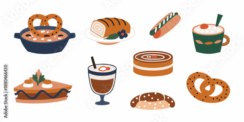 a variety of baked goods and coffee drinks on a white background