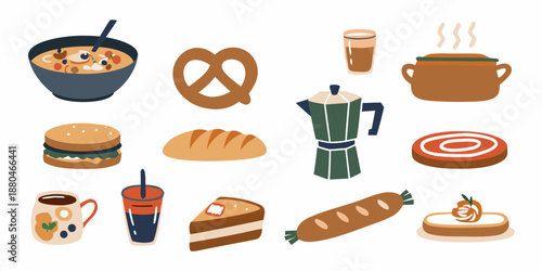 a collection of food and drink items on a white background