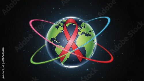 Red ribbon symbolizing awareness wrapped around earth with colorful atomic rings on dark space background
