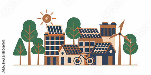 solar panels on houses and buildings with wind turbine and trees