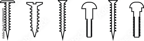 Self Tapping Screw Black Line Style Vector Icon Set, Fastener Hardware Symbol Collection and Construction Outline Graphic Group Featuring Screw, Bolt and Fixing Equipment