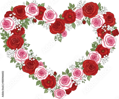 Beautifully illustrated heart shaped floral arrangement featuring vibrant red and delicate pink roses with small white filler flowers for romantic design projects
