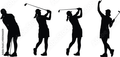 Vector set of female golfer silhouettes capturing various stages of a golf swing from address to follow through