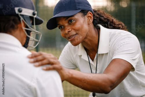 Supportive female cricket coach mentoring and encouraging young player with hand on shoulder during practice session on outdoor field