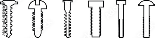 Self Tapping Screw Black Line Style Vector Icon Set, Fastener Hardware Symbol Collection and Construction Outline Graphic Group Featuring Screw, Bolt and Fixing Equipment
