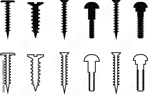 Self Tapping Screw Black Flat Line Style Vector Icon Set, Fastener Hardware Symbol Collection and Construction Outline Graphic Group Featuring Screw, Bolt and Fixing Equipment