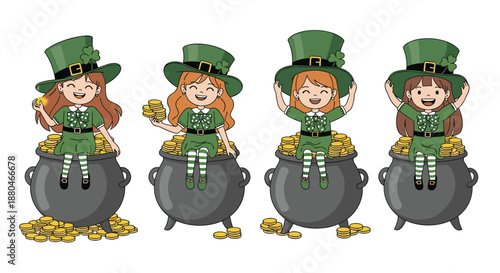 Four adorable girl leprechauns in green dresses and shamrock hats sitting on large pots overflowing with shiny gold coins.