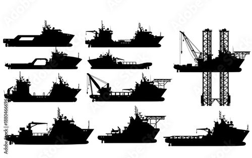 Offshore Wind Service Vessels Silhouettes Vector Pack 10 Ships