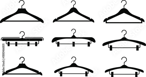 collection of various black clothes hanger silhouettes with hooks and clips for laundry retail and wardrobe organization