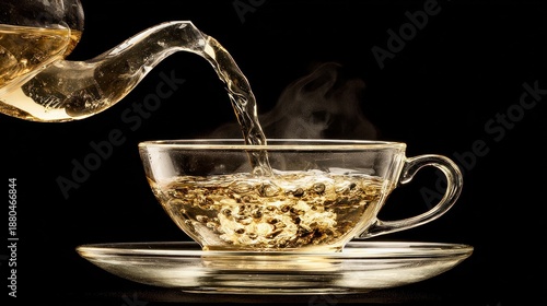Tea Pouring Into Clear Glass Cup with Steam on Black Background