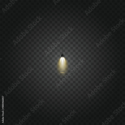 A glowing yellow glass bulb hangs as a symbolic object on a dark black wall, casting a warm design of light like a flame or candle against the night